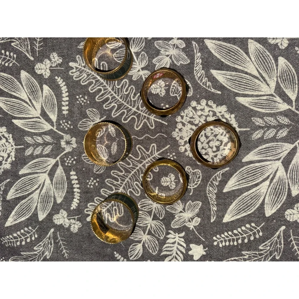 Vintage Brass Napkin Rings Set of 6 Green Enamel Beaded Cabochon Made in India